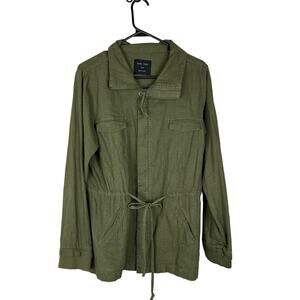 Love Tree sz L Large Linen Blend Olive Green Lightweight Jacket Utility Casual